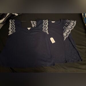 Set of two Women’s Time and Tru Navy Blue tops with white embroidery size XL